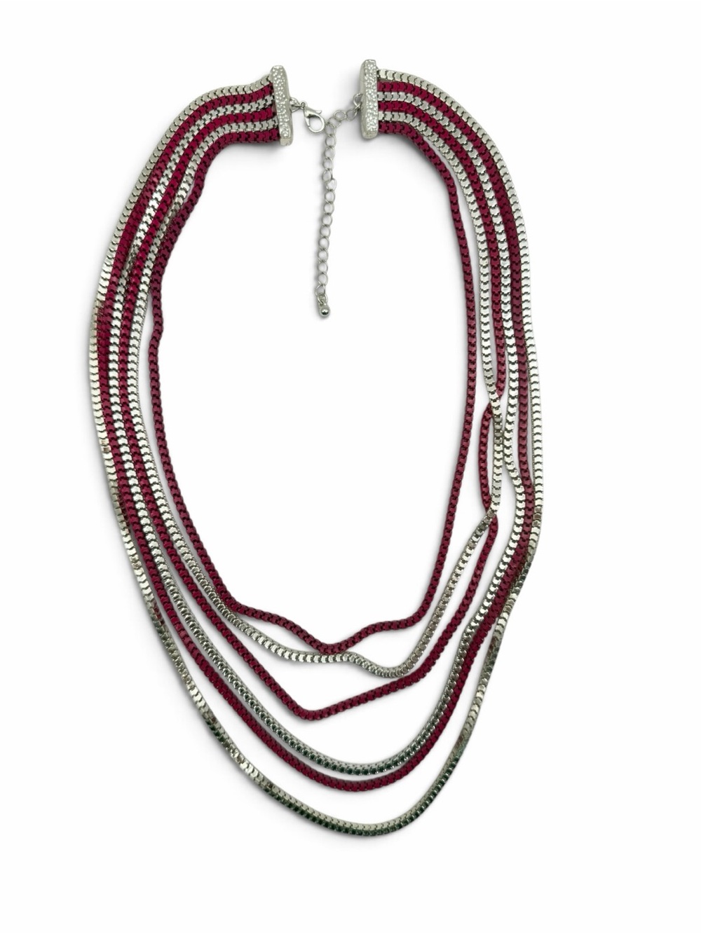 Vintage Royal Multi Strand Necklace Pink Silver Tone Statement Chain NOS NWT